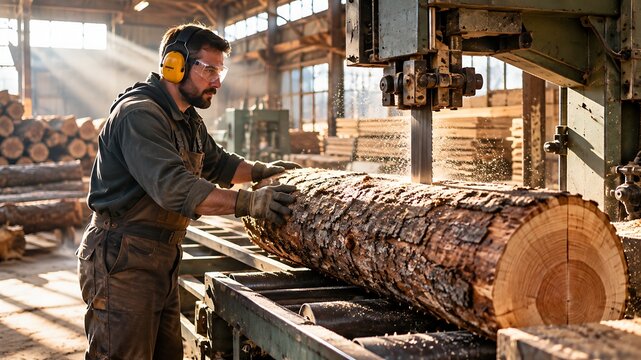 Industrial mill worker wearing ear protection and safety goggles operating a large bandsaw to cut a heavy tree log, depicting sawmill operations and lumber production