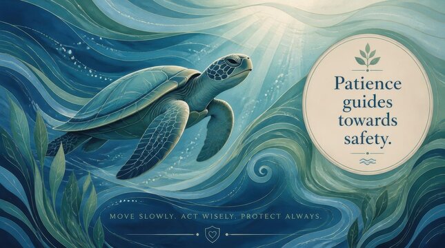 Stylized illustration of a green sea turtle swimming through swirling abstract blue ocean waves with light beams and an inspirational quote text badge in a graphic design layout.