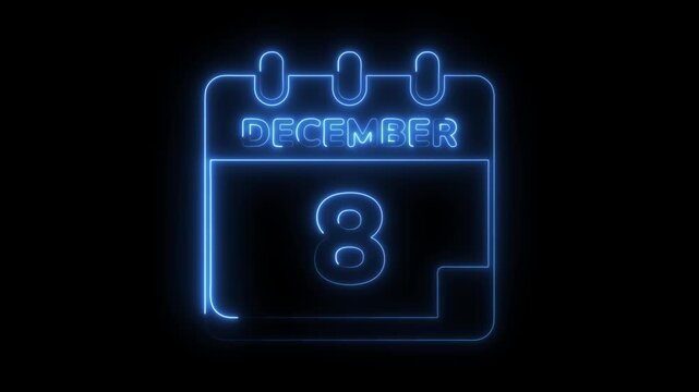 December 8th neon calendar icon reminder save the date background animation
