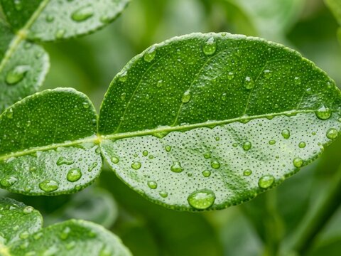 Close Up of Green Leaf with Water Droplets Macro Photography.