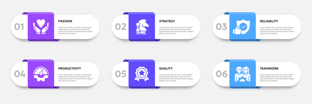Vector illustration of 6 business core values related to passion, strategy, reliability, productivity, quality, teamwork. Modern infographic or presentation design template