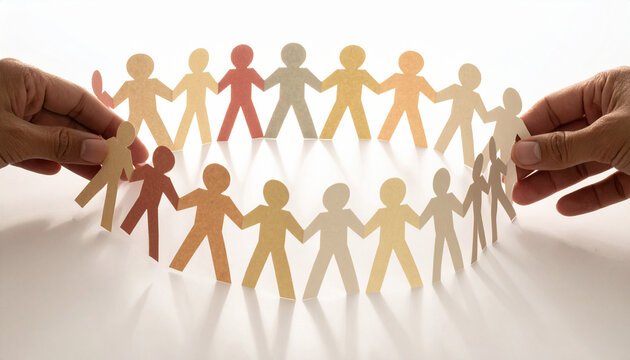 Hands connecting a diverse circle of paper cutout people on a white surface, symbolizing unity, inclusivity, global collaboration, and community support. A conceptual image with nobody present.