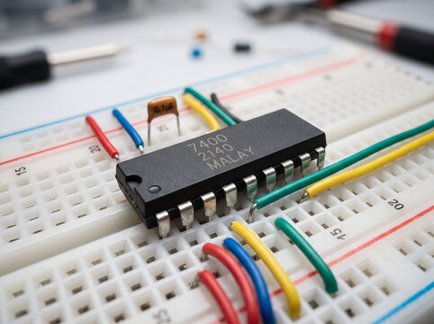 Integrated circuit chip on breadboard for electronic prototyping and circuit building.