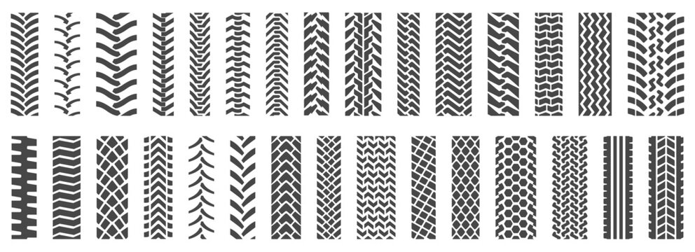 Tire tracks. Vector set of varied tread patterns for cars, trucks, specialized machinery, agricultural and off-road vehicles. Each geometric tyre print is seamlessly repeatable vertically.