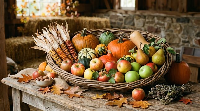Abundant Autumn Harvest Basket Overflowing with Fresh Produce and Pumpkins