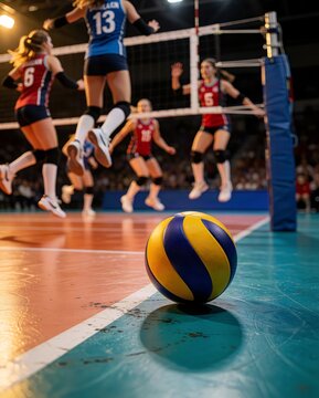 A volleyball rests on the court floor while professional athletes compete during a match