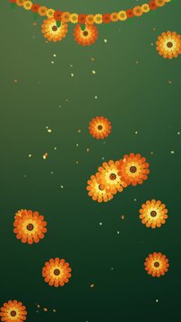 Diwali Marigold Flowers Falling on Bottle Green Background