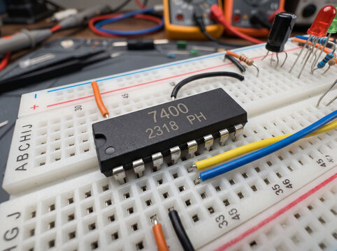 7400 quad NAND gate IC chip on breadboard for electronic circuit design.