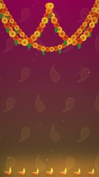 Diwali Marigold Garlands and Oil Lamps on Green Wall Loop