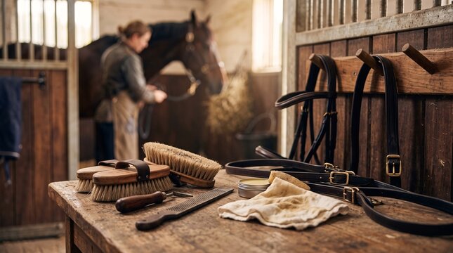 Assorted horse grooming brushes and leather tack on a wooden workbench in a sunny stable