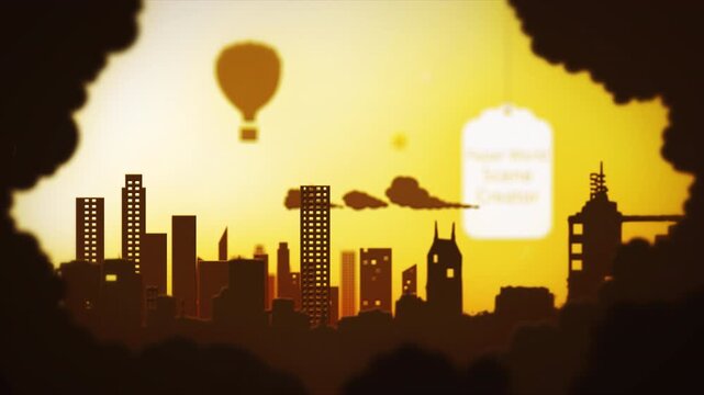 Stunning sunset cityscape silhouette with hot air balloons and floating paper tags.