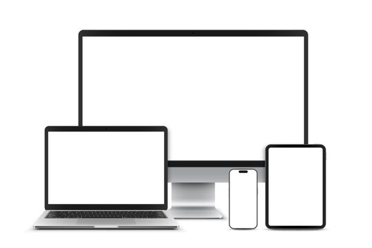 Vector illustration of monitor, laptop, digital tablet, mobile phone with blank empty white screen. Realistic mockup or template, isolated on white background