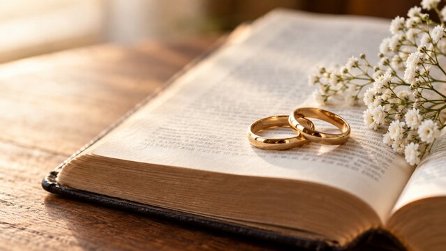 Gold wedding rings resting on open bible pages with flowers