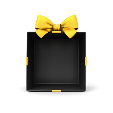 Blank black gift box mockup exhibition booth products display stand showcase or opened present box tied with gold ribbon bow isolated over white background creative idea conceptual 3D rendering