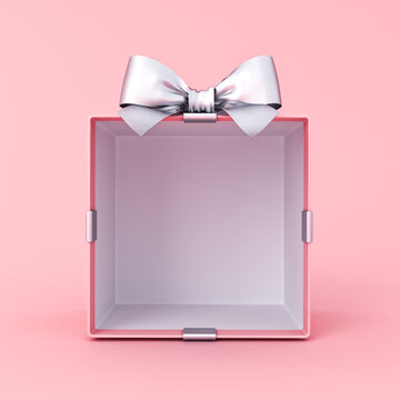 Blank pink gift box mockup exhibition booth products display stand showcase or opened present box tied with silver ribbon bow isolated on pink pastel background creative idea conceptual 3D rendering