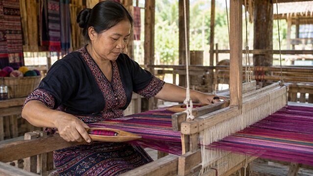 Asian woman weaving colorful fabric on traditional loom