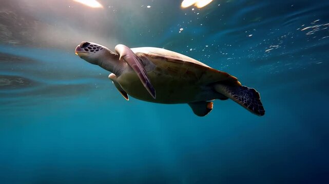 Sea Turtle Swimming Underwater in Clear Ocean Water with Sunlight and Coral Reef