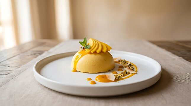 Delicious mango mousse dessert with fresh fruit slices and mint on a plate. Mango Mousse Recipe