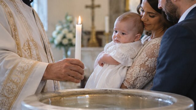 Baby being baptized with lit candle in religious ceremony