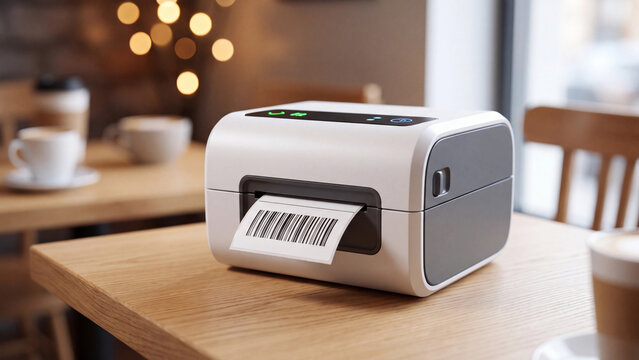 Compact white thermal label printer producing a detailed barcode sticker on a wooden table with soft focus bokeh light effects