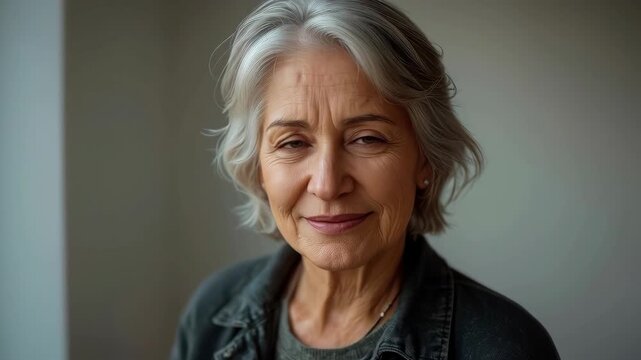 Senior Woman Portrait, Elderly Female With Gray Hair and Peaceful Expression Indoors