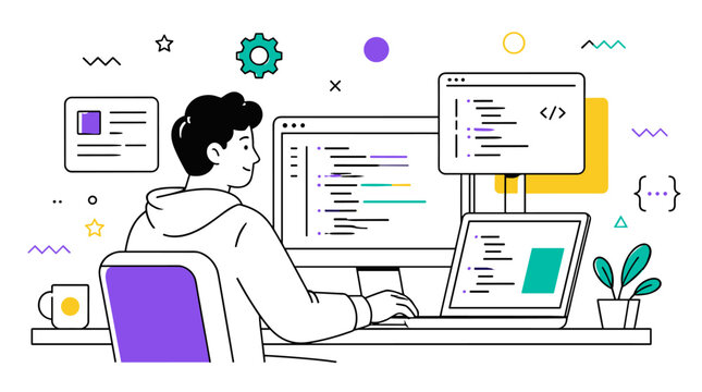 Young male software developer working on computer programming tasks in modern office.