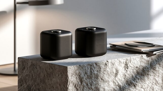 Two modern matte black wireless speakers isolated on transparent background. Premium tech accessory for minimalist interior design and high fidelity audio concepts.
