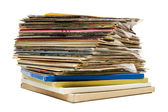 Stack of vintage vinyl records isolated on white background