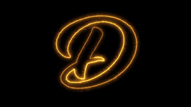 Neon golden cursive letter d appearing on black background with burning fire stroke effect.