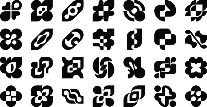 Theoretical geometric black minimalist logo array featuring various innovative floral and organic shape icons for up-to-date branding layout.
