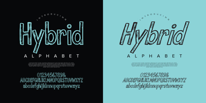 Hybrid alphabet modern technical style font letters and numbers design asset