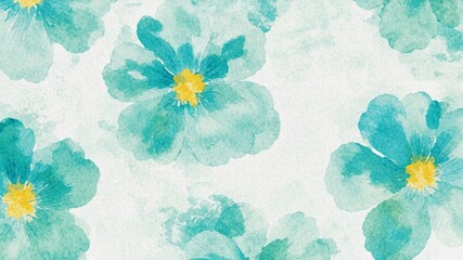 Teal turquoise watercolor flower pattern background, hand painted floral blossoms with yellow centers, blue green hand drawn art on white textured paper, soft spring wallpaper design © Charan suvvada 