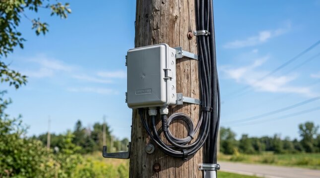A close up view of a grey utility box mounted on a wooden pole outdoors with coiled fiber optic cables running alongside it under a bright blue sky on a clear day
