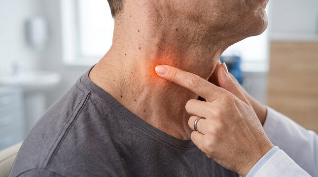 Doctor Examining Patient For Swollen Lymph Node or Thyroid Health Issue in Clinical Setting