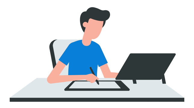 Vector illustration of male digital artist drawing with stylus pen on graphic tablet at desk