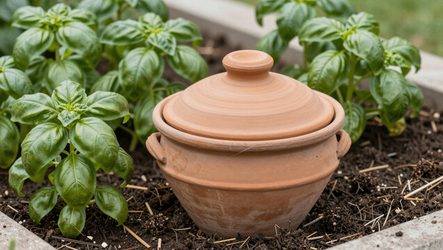 Terracotta olla watering pot among basil plants