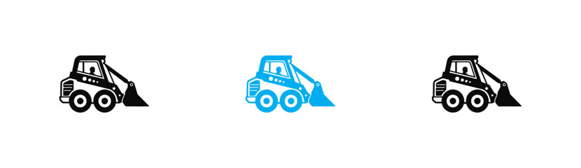 Fototapeta premium Skid Steer Loader Icon Set, Compact Excavator Machinery Symbol, Mini Bulldozer Heavy Construction Equipment Vector, Industrial Loader Digger Vehicle Sign Element .