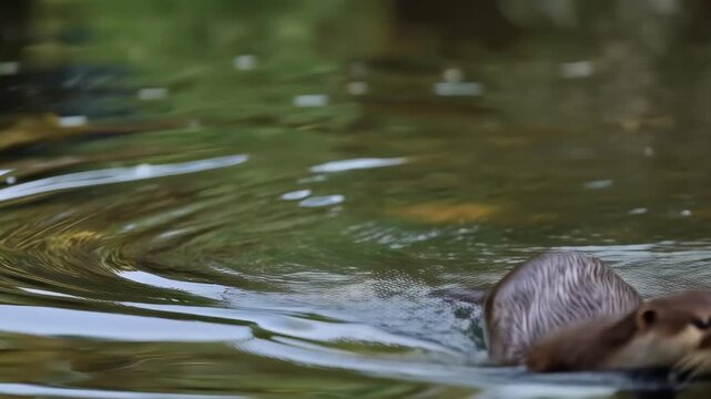 Otter Swimming Through Rippling Water, Alert Mammal Creating Peaceful Wildlife Reflection Scene