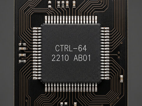 Black microprocessor chip with silver pins placed on dark circuit trace pattern background.