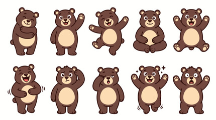 Fototapeta premium Set of Cute Cartoon Brown Bear Characters in Various Poses and Expressions