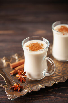 Turkish traditional hot drink salep on wooden background