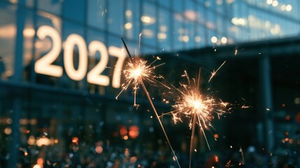 Naklejka premium Sparklers light the night as 2027 celebrations ignite the city with festive bokeh lights