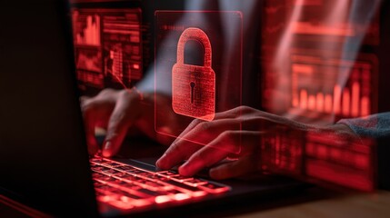 Fototapeta na wymiar Cybersecurity concept with hacker typing on laptop and red lock hologram indicating data protection