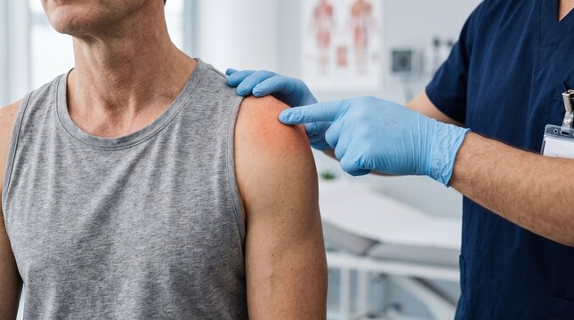 Healthcare professional examining shoulder injury of a patient in a clinic setting to assess musculoskeletal pain and joint inflammation