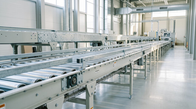 long empty metal roller conveyor belt system stretching across clean floor inside modern manufacturing factory industrial warehouse distribution center facility
