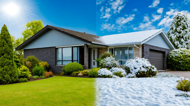 A split-screen photograph showing a house with a snowy lawn on the right side and a sunny green lawn with trees on the left side