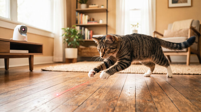 Striped tabby cat pouncing chasing red laser pointer dot across wooden living room floor interactive pet monitor camera resting upon television stand