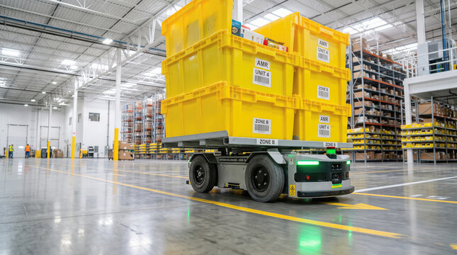 Low automated mobile robot vehicle transporting stack of yellow plastic storage bins across polished concrete floor in huge warehouse