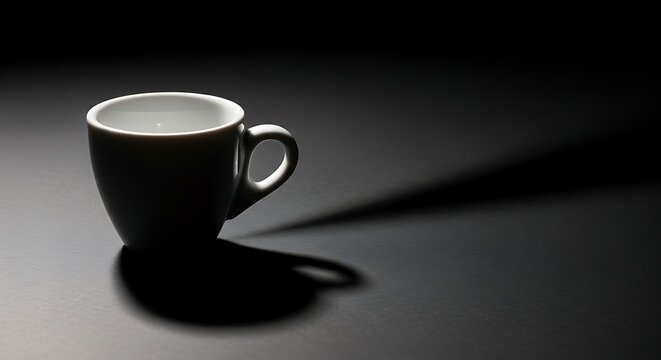 Single black coffee cup on dark surface with long shadow black background single object caffeine