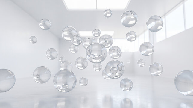 Transparent glass spheres and clear water bubbles floating suspended inside bright empty white studio room with polished reflective floor